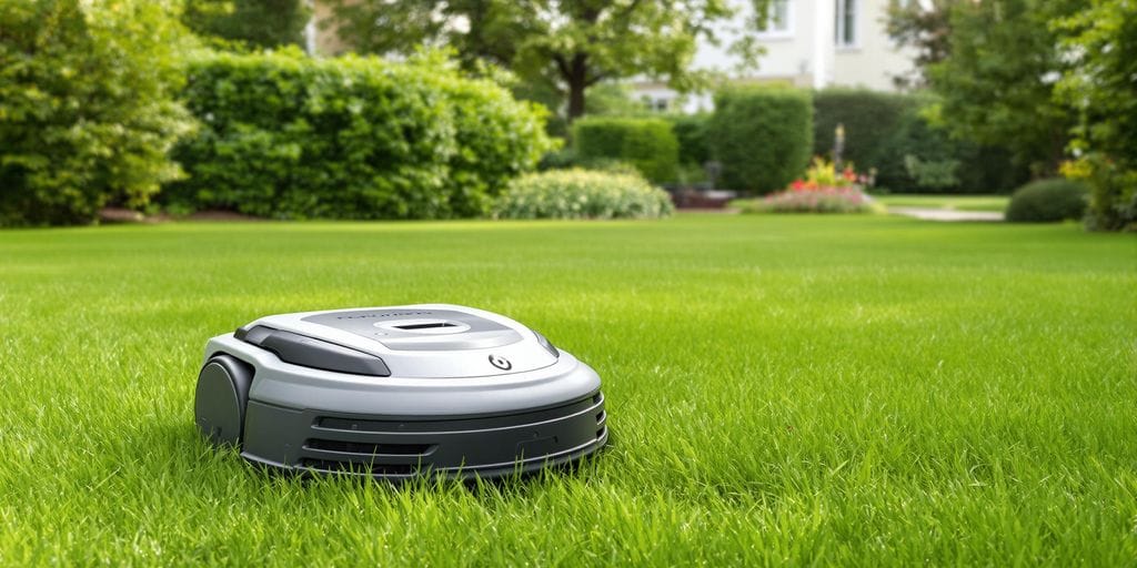 Robotgräsklippare på grön gräsmatta i Uppsala.