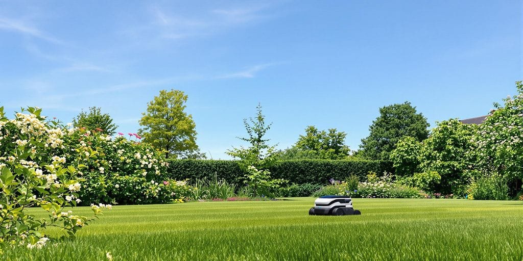 Robotgräsklippare i en grön trädgård i Uppsala.