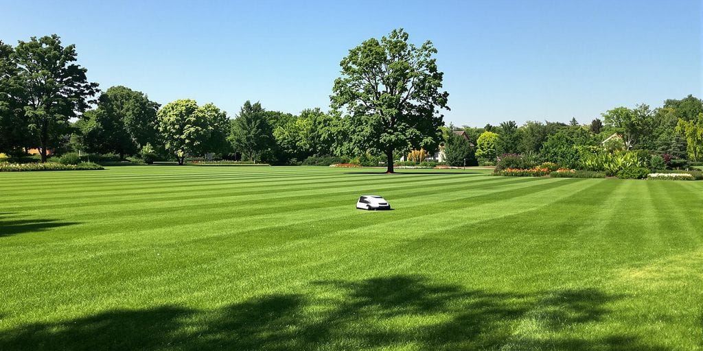 Robotic lawn mower på grön gräsmatta i Uppsala.
