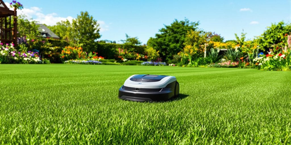 Robotgräsklippare klipper en grön gräsmatta i solen.