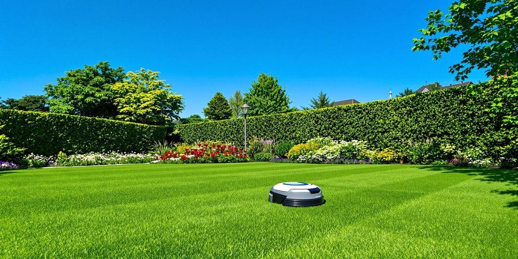 Robotgräsklippare klipper gräset i en trädgård.