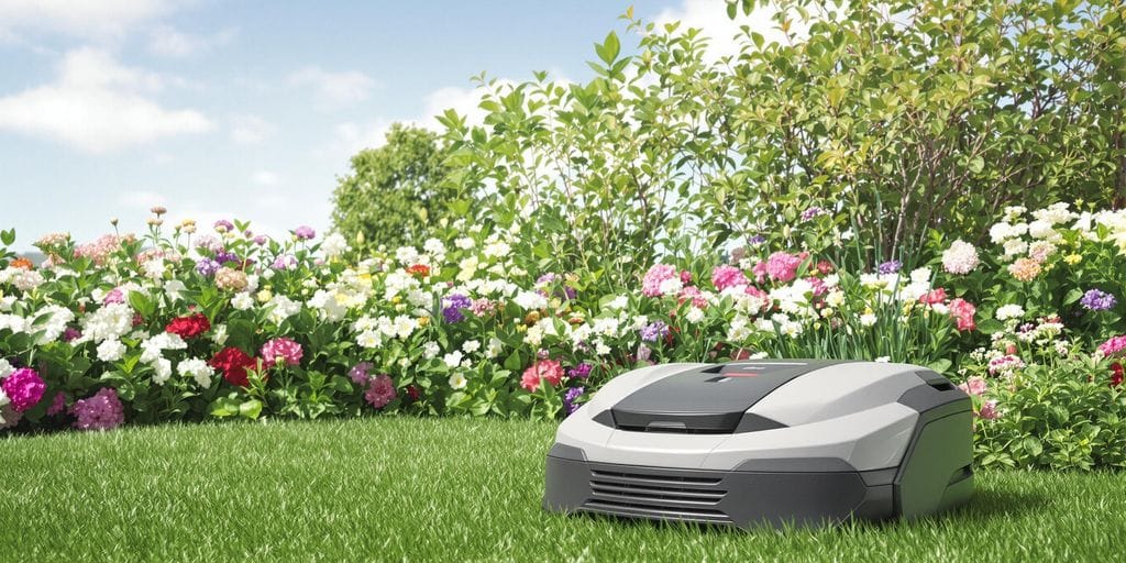 Robotgräsklippare med regnsensor på grön gräsmatta.