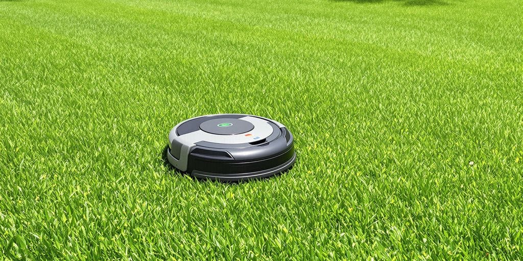 Robotgräsklippare klipper gräset på en grön gräsmatta.