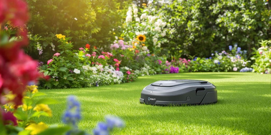 Tyst robotgräsklippare i en lugn trädgård i Uppsala.