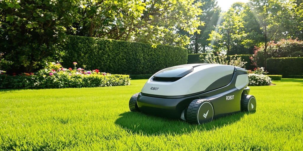Robotic lawn mower in green garden, Uppsala.