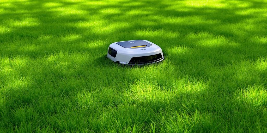 Robotgräsklippare i en grön gräsmatta i Uppsala.