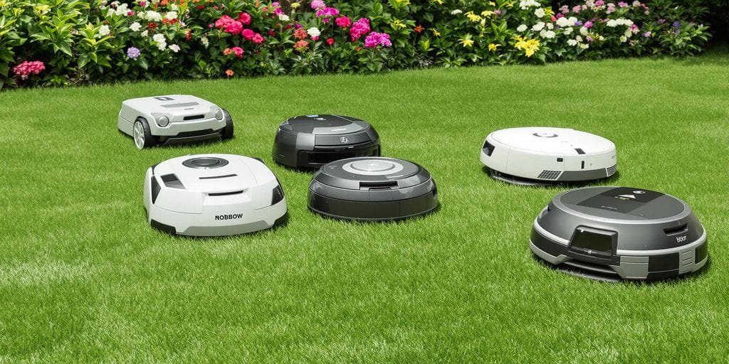Samling av robotgräsklippare i en grön trädgård.