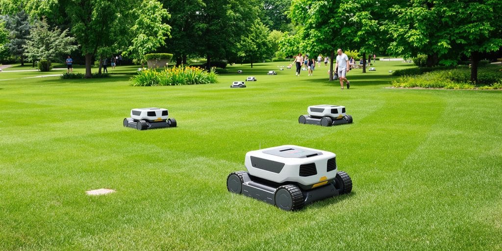 Robotgräsklippare i en grön offentlig park.