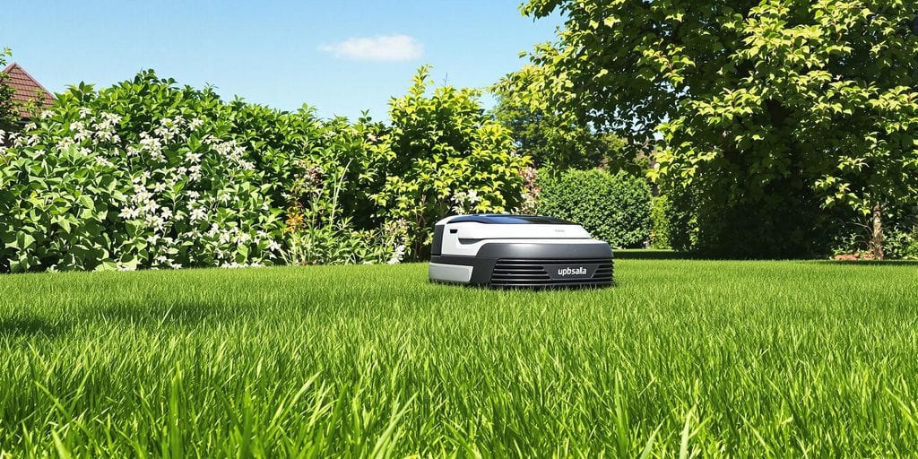 Robotgräsklippare på en grön gräsmatta i Uppsala.