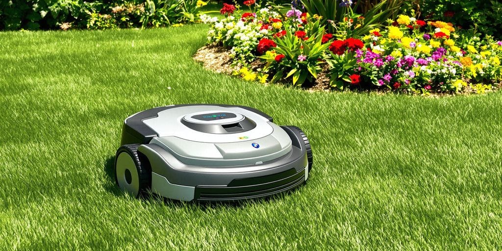 Robotgräsklippare klipper gräset i en vacker trädgård.