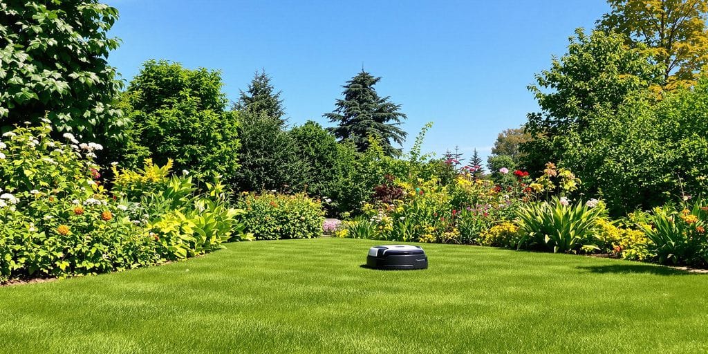 Robotgräsklippare i en grön trädgård med blommor.