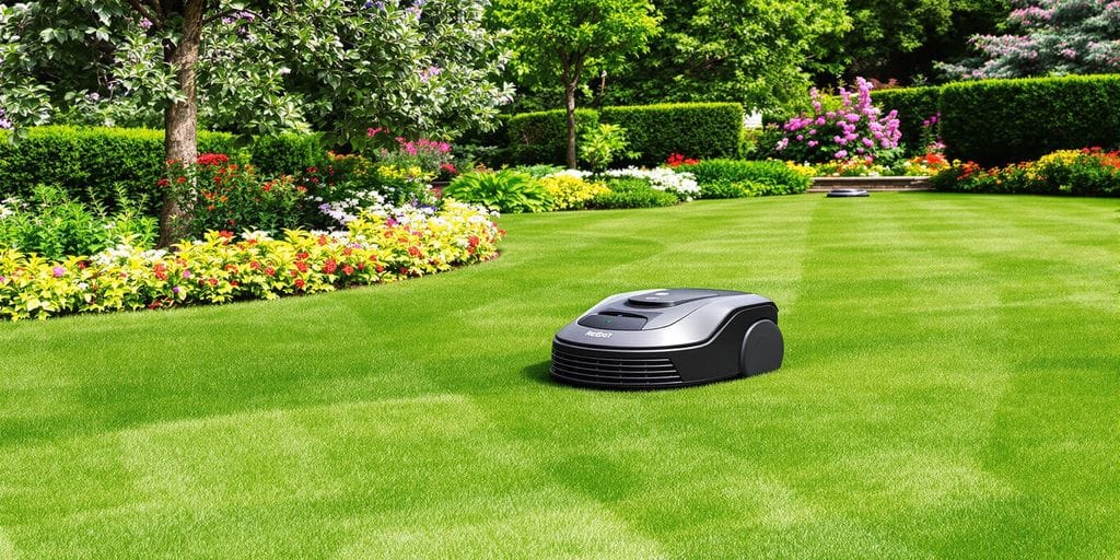 Robotgräsklippare klipper gräset i en stor trädgård.