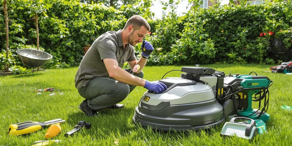 Tekniker reparerar en robotgräsklippare i Uppsala.