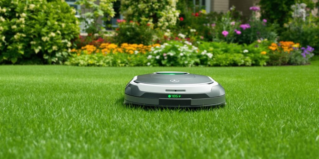 Robotgräsklippare klipper gräset i en trädgård.