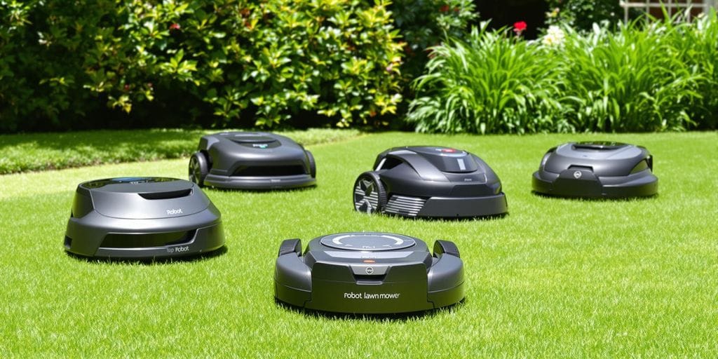 Flera robotgräsklippare på en grön gräsmatta.