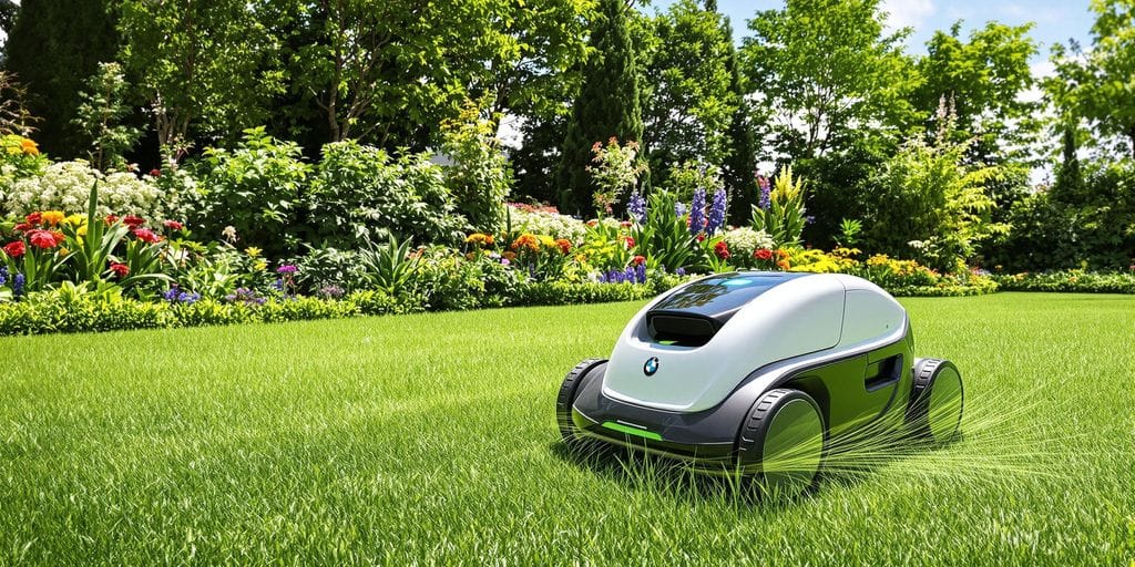 Robotgräsklippare i en grön och blommig trädgård.