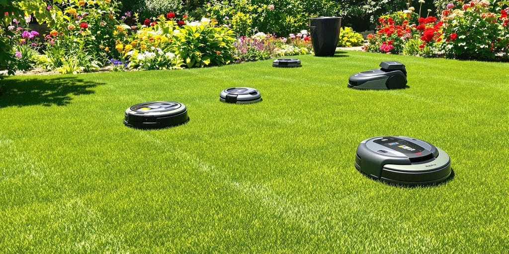 Robotgräsklippare i en grön trädgård under solen.