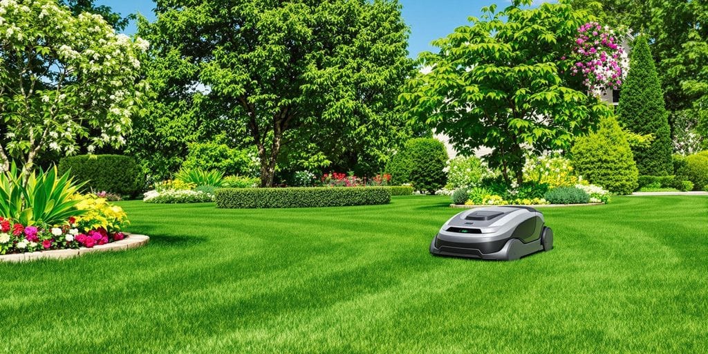 Robotgräsklippare klipper gräset i en grön trädgård.
