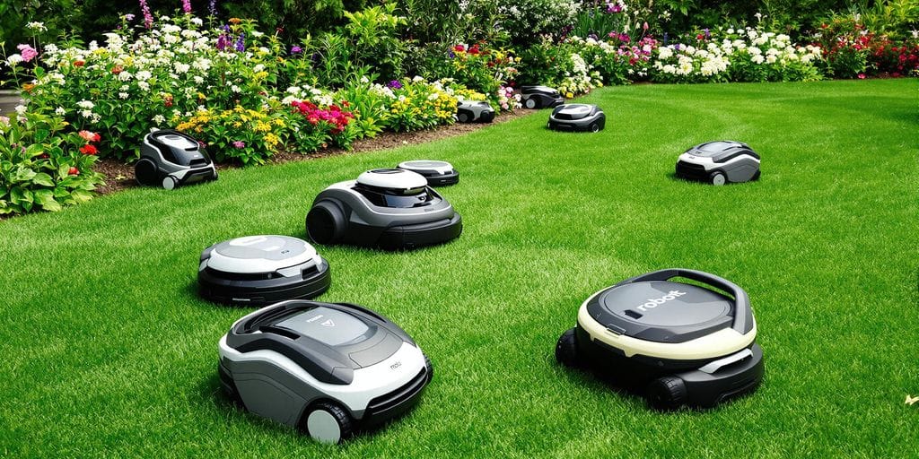 Robotic lawn mowers i en grön trädgård.