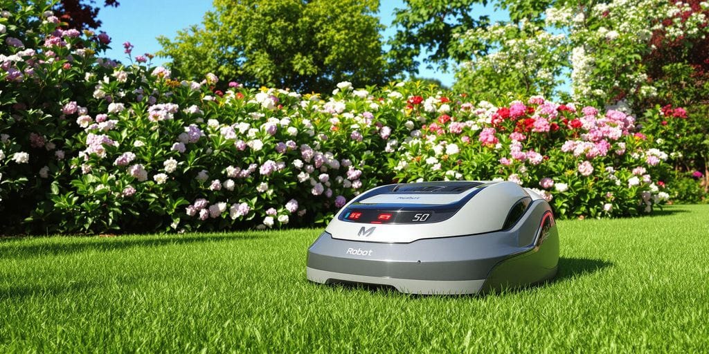 En robotgräsklippare klipper gräset i en trädgård.