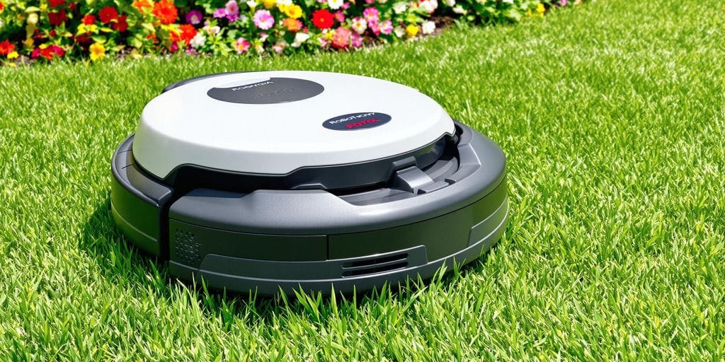 Rengjord robotgräsklippare på grön gräsmatta.