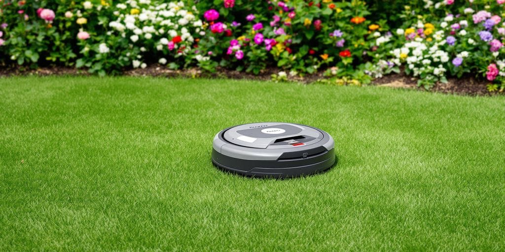 Robotgräsklippare klipper gräset i en trädgård i Uppsala.