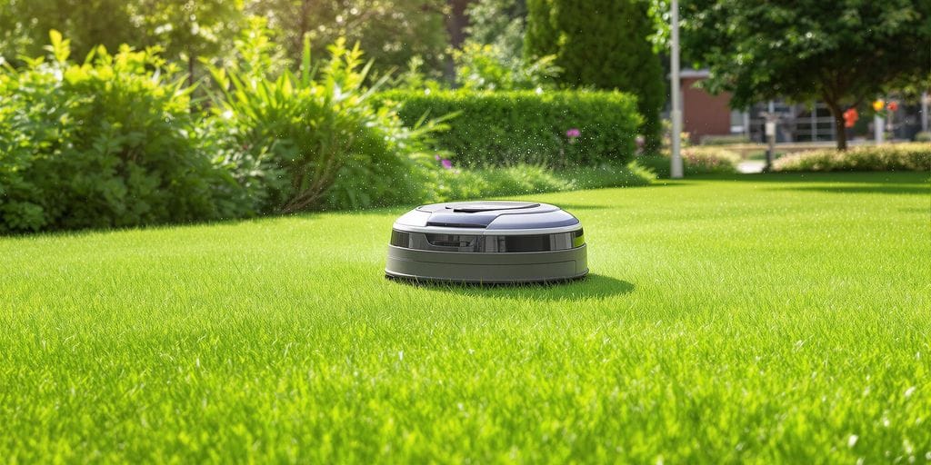 Robotgräsklippare på en grön gräsmatta i Uppsala.