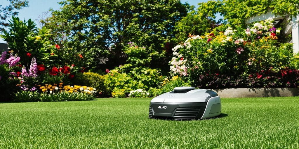 AL-KO robotgräsklippare i en grön trädgård.