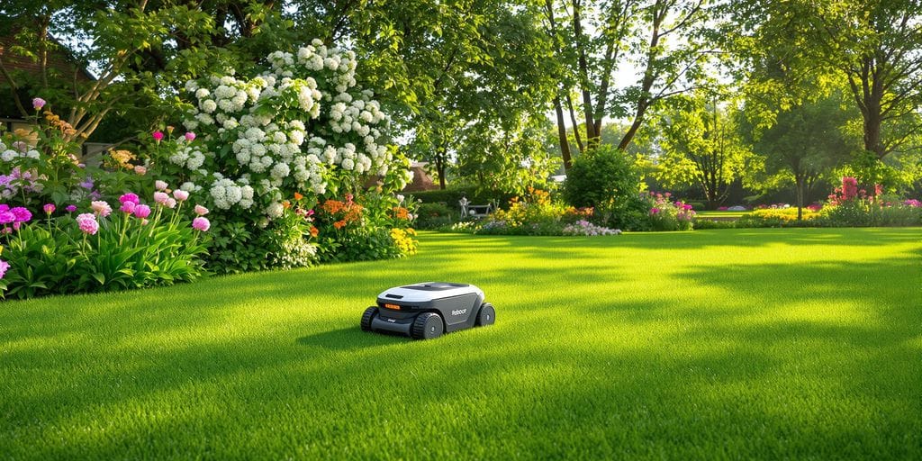 Robotgräsklippare klipper gräset i en grön trädgård.