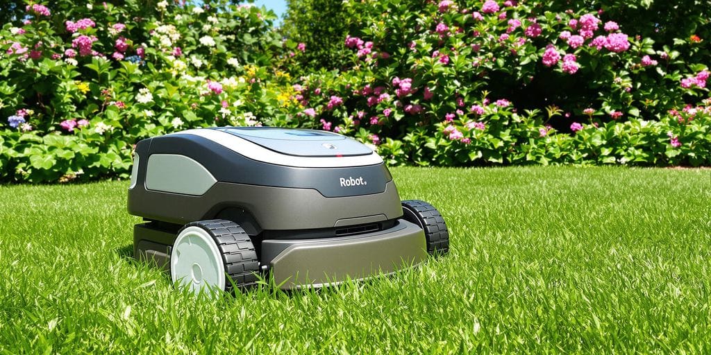 Robotgräsklippare i en grön trädgård.