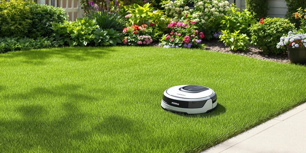 Robotgräsklippare klipper gräset på en grön gräsmatta.