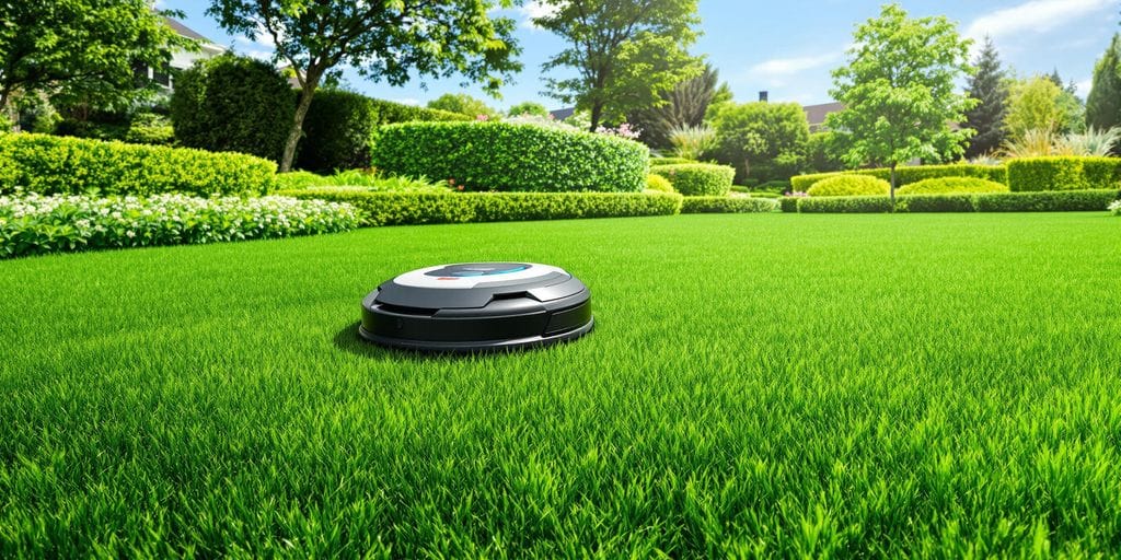 Robotgräsklippare klipper gräs på en grön gräsmatta.