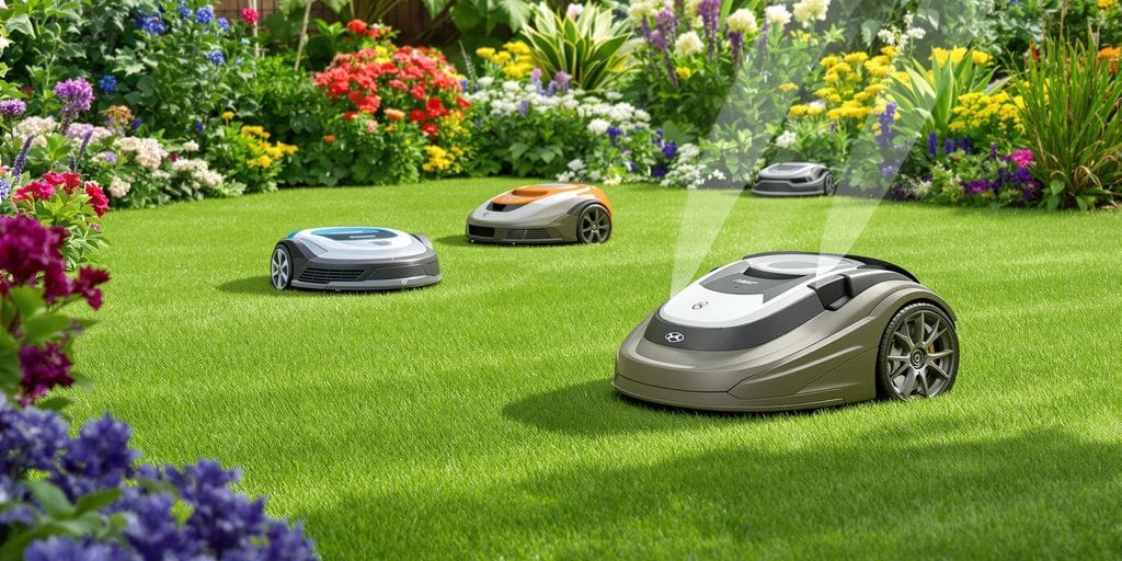 Robotic gräsklippare i en färgglad trädgård.