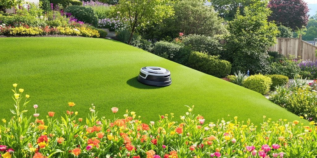 Robotgräsklippare på sluttande tomt med grönska.