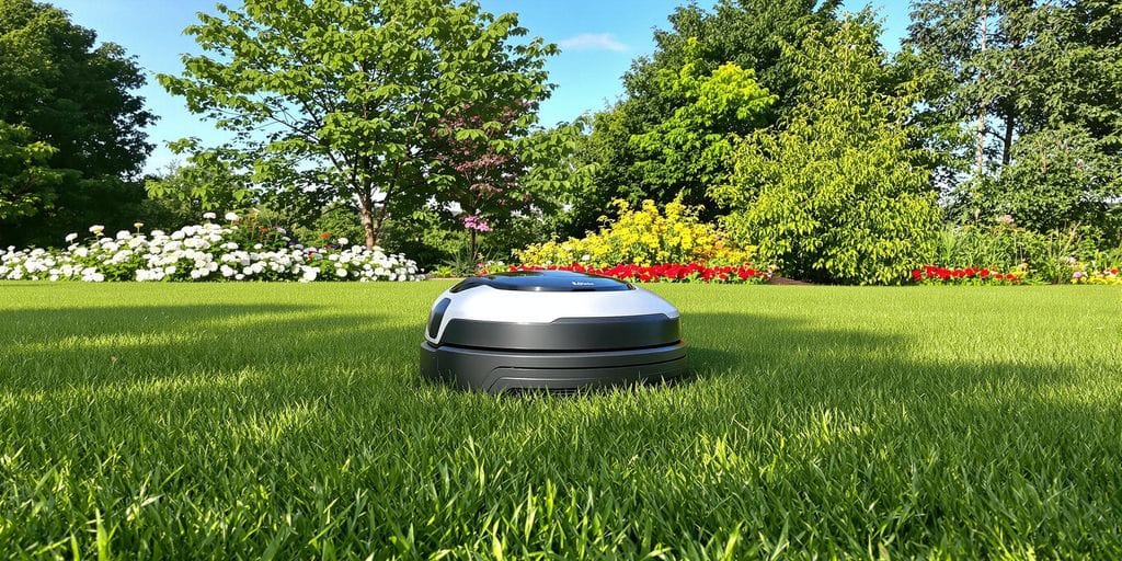 Automatisk gräsklippare som laddar på gräsmattan i Uppsala.