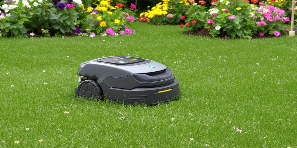 Robotgräsklippare i en liten trädgård i Uppsala.