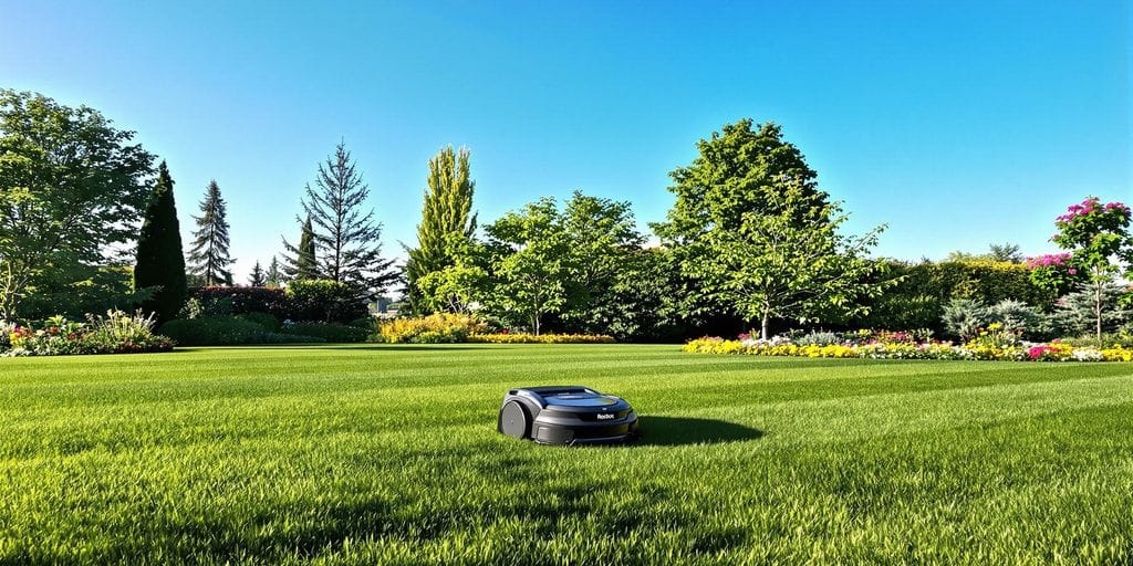 Robotgräsklippare på grön gräsmatta i Uppsala.