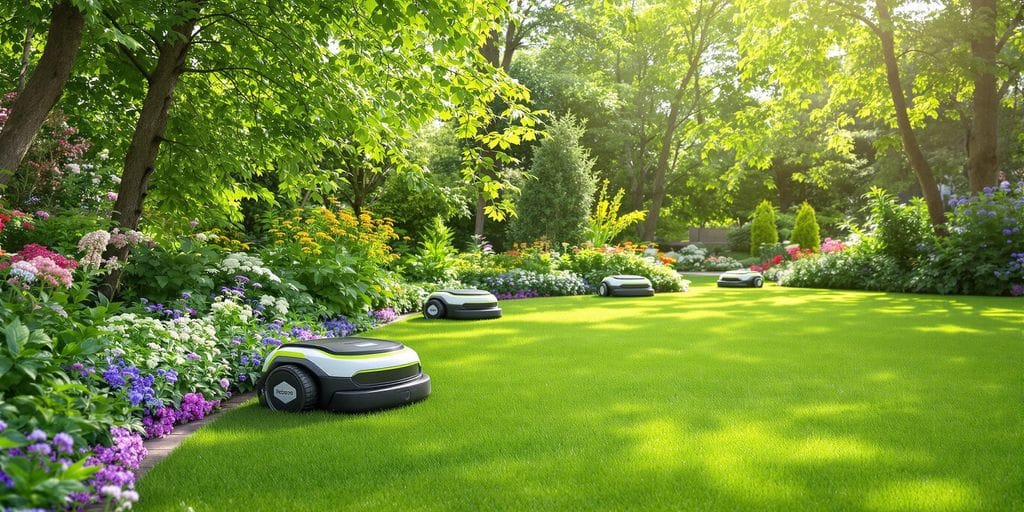 Miljövänliga robotgräsklippare i en grön trädgård.