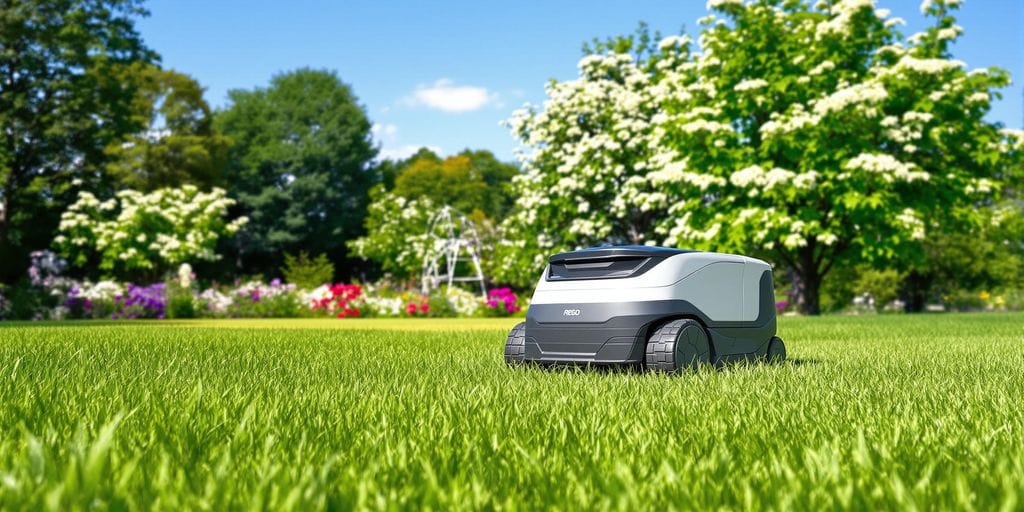 Robotgräsklippare på en grön gräsmatta i Uppsala.